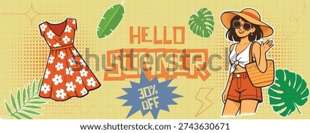 Retro vintage pop art comic-style halftone collage summer holiday vacation banner Vibrant 