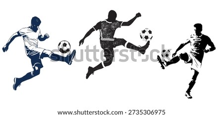 Retro vintage pop art style football player silhouette illustration design, soccer player kick off football, football player playing with football illustration on white background