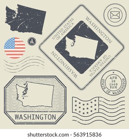 Retro vintage postage stamps set Washington, United States theme, vector illustration