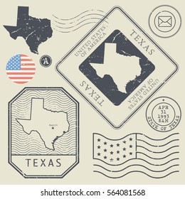 Retro vintage postage stamps set Texas, United States theme, vector illustration