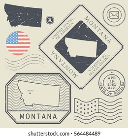 Retro vintage postage stamps set Montana, United States theme, vector illustration