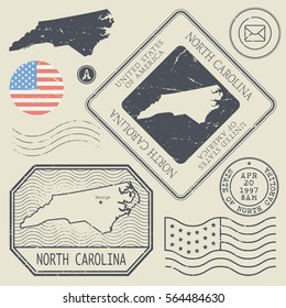 Retro vintage postage stamps set North Carolina, United States theme, vector illustration