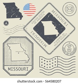 Retro vintage postage stamps set Missouri, United States theme, vector illustration