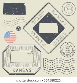 Retro vintage postage stamps set Kansas, United States theme, vector illustration