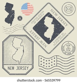 Retro vintage postage stamps set New Jersey, United States theme, vector illustration