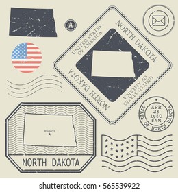 Retro vintage postage stamps set North Dakota, United States theme, vector illustration