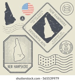 Retro vintage postage stamps set New Hampshire, United States theme, vector illustration