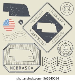 Retro vintage postage stamps set Nebraska, United States theme, vector illustration