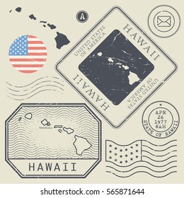 Retro vintage postage stamps set Hawaii, United States theme, vector illustration