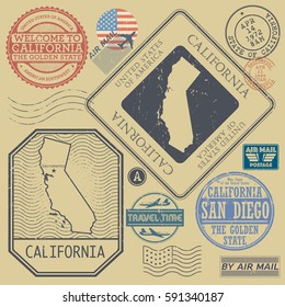 Retro vintage postage stamps set California, United States theme, vector illustration