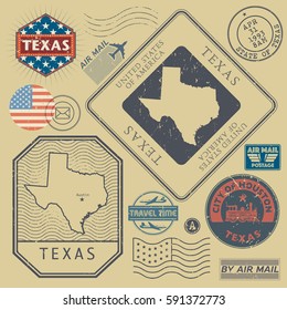 Retro vintage postage stamps set Texas, United States theme, vector illustration