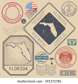 Retro vintage postage stamps set Florida, United States theme, vector illustration