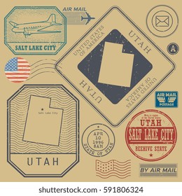 Retro vintage postage stamps set Utah, United States theme, vector illustration