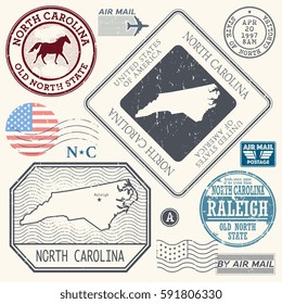 Retro vintage postage stamps set North Carolina, United States theme, vector illustration