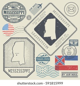 Retro vintage postage stamps set Mississippi, United States theme, vector illustration