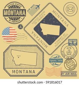 Retro vintage postage stamps set Montana, United States theme, vector illustration