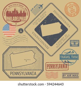 Retro vintage postage stamps set Pennsylvania, United States theme, vector illustration