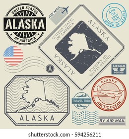 Retro vintage postage stamps set Alaska, United States theme, vector illustration