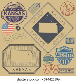 Retro vintage postage stamps set Kansas, United States theme, vector illustration