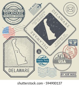 Retro vintage postage stamps set Delaware, United States theme, vector illustration