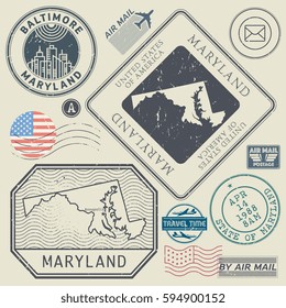 Retro vintage postage stamps set Maryland, United States theme, vector illustration