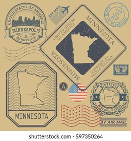 Retro vintage postage stamps set Minnesota, United States theme, vector illustration