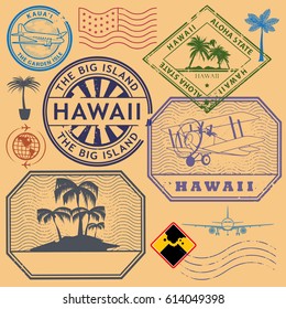 Retro Vintage Postage Stamps Set Hawaii, United States Theme, Vector Illustration