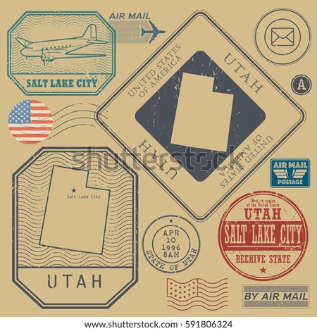 Retro vintage postage stamps set Utah, United States theme, vector illustration