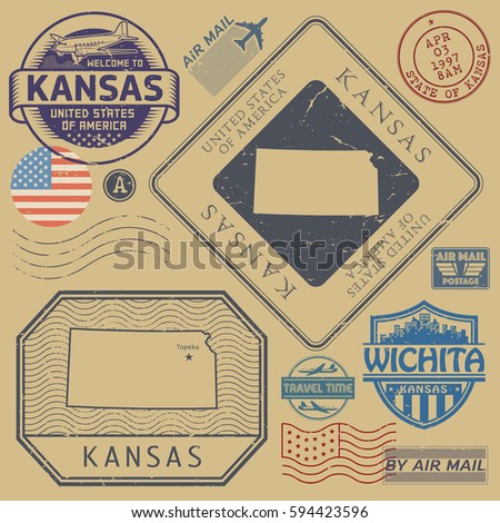 Retro vintage postage stamps set Kansas, United States theme, vector illustration