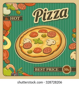 Retro Vintage poster whole pizza and the ingredients. Vector flat illustration isolated on mint background. Hand drawn design element for label and poster