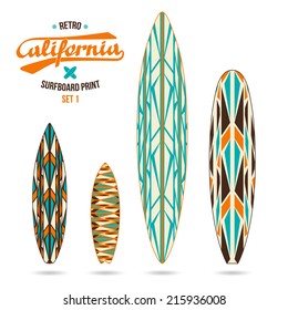 Retro vintage prints for various forms of surfboard: shortboard, longboard; fish and gun.