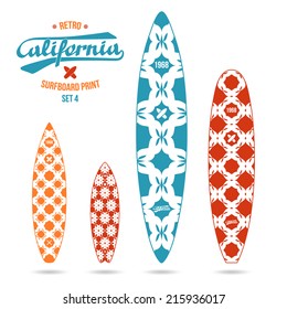 Retro vintage prints for various forms of surfboard: shortboard, longboard; fish and gun.