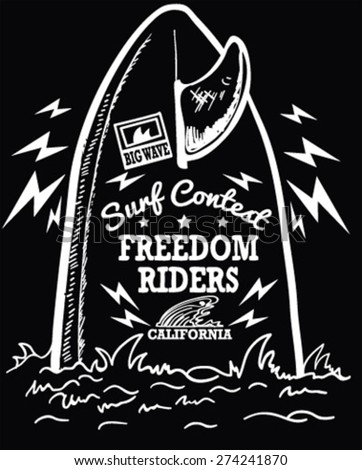 Retro vintage prints for various forms of surfboard: shortboard, longboard; fish and gun.