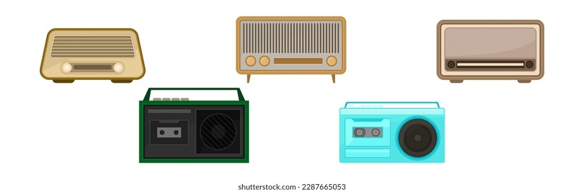 Retro Vintage Radio with Tuner as Old-fashioned Media Device Vector Set