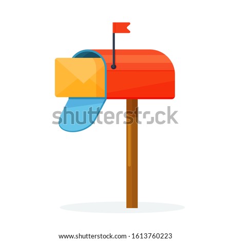 Retro vintage red mail post box with yellow envelope. Flat cartoon style vector colorful illustration icon isolated on white background.