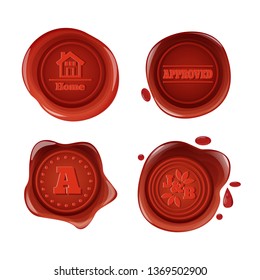 Retro vintage red wax seals stamps, with logos, icons home, brand, approval, pictograms. Stamp wax for documents, letters, envelopes, certification protection, warranty quality mark vector