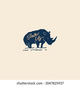 retro vintage rhino logo vector design with save us type. silhouette save us rhino design illustration for extinct animal community. creative design illustration of rhino with amazing brush lines