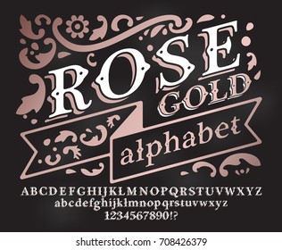 Retro vintage rose gold alphabet font. Custom type letters and numbers on a dark grunge background. Stock vector typography for labels, headlines, posters etc.