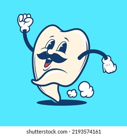 Retro vintage running dental teeth with moustache cartoon mascot logo illustration