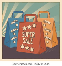 Retro vintage sale poster. Super discounts. Banner for store marketing with shopping bag.