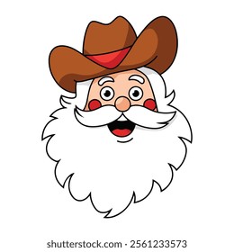 Retro vintage Santa Claus wearing a cowboy hat with a Howdy Christmas theme. Groovy 70s style Santa illustration, ideal for festive holiday designs and seasonal decorations.