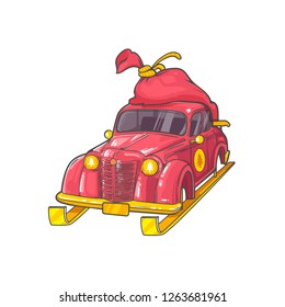 Retro vintage Santa red car, realistic sketch of car, vector illustration isolated on white background