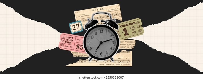 Collage retro de Antiguas Scrapbooking con tema de reloj. Desechos de periódico rotos con bordes rasgados. Viejas entradas para conciertos, hojas de música y Elementos de papel rotos.