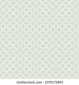Retro vintage seamless pattern. Abstract vector texture with curved geometric shapes, crosses, grid, repeat tiles. Endless ornamental design. Background in soft pastel colors, pale green and beige 