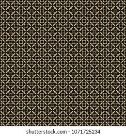 Retro vintage seamless pattern. Elegant black and gold repeat geometric texture with simple figures, circles, crosses, spools. Abstract golden endless background. Stylish design for decoration, prints