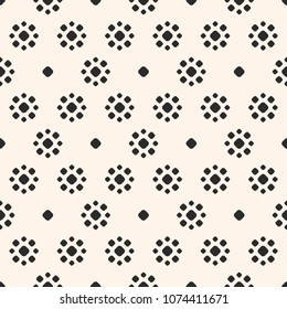 Retro vintage seamless pattern. Elegant abstract background with simple floral shapes, small circles, polka dots. Black and white texture. Monochrome repeat design for decor, wallpaper, textile, cloth