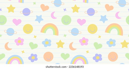 Retro vintage seamless pattern illustration in trendy 90s art style. Soft pastel color y2k background print with cute sticker decoration. Includes rainbow, flower and love heart cartoon.