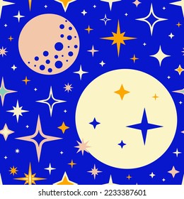 Patrón retro vintage sin fisuras con luna y estrellas en el estilo de los años 50. Ilustración del vector
