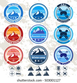 retro vintage set of badges and labels on the theme of mountains, ski patrol, ski resort,  snowboard and ski instructor. Vector badges, labels, icons, stickers set. mountains theme badges