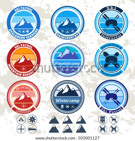 retro vintage set of badges and labels on the theme of mountains, ski patrol, ski resort,  snowboard and ski instructor. Vector badges, labels, icons, stickers set. mountains theme badges